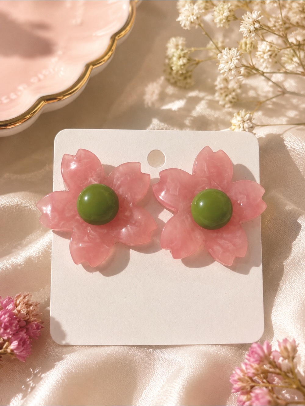 Pink Flower Resin Earrings with Green Center